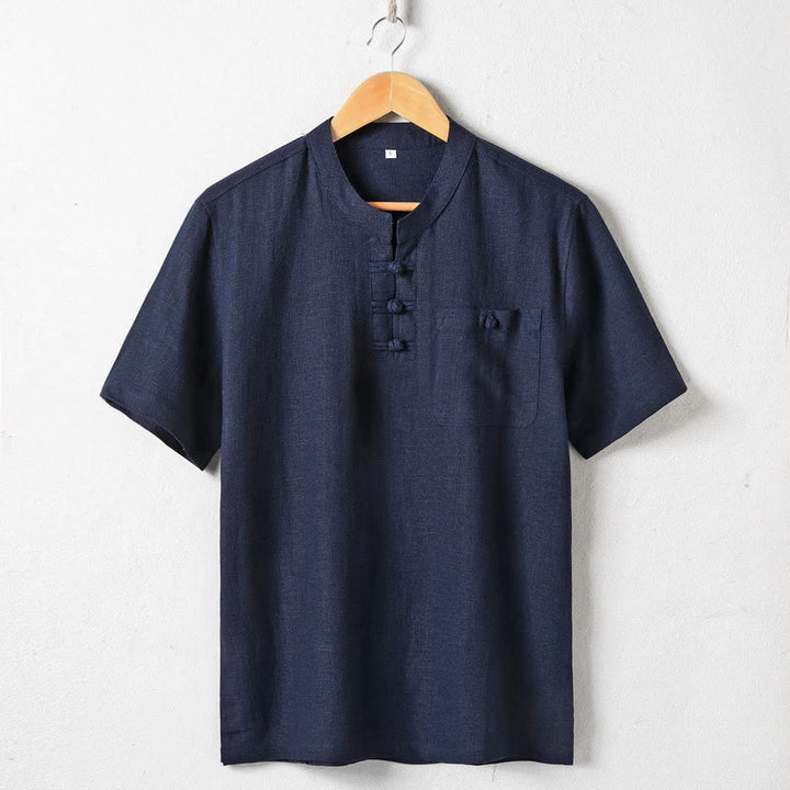 Buddha Stonesゆったりメンズシャツ 無地 ノッチネック トップス 半袖 快適 ボタン 通気性 コットンリネンシャツ - ミッドナイトブルー - US/UK/AU46、 EU56 (5XL)  - image 3