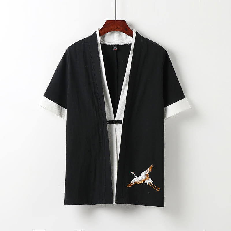 Buddha Stonesフェイクツーピースメンズ半袖カーディガン刺繍漢服快適コットンシャツ - 黒 - US/UK/AU54、 EU64 (9XL) - image 1