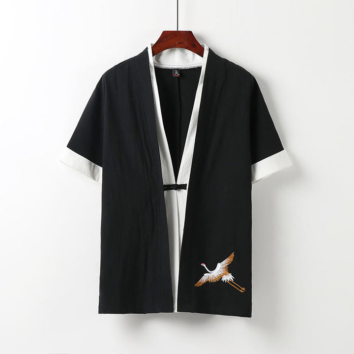 Buddha Stonesフェイクツーピースメンズ半袖カーディガン刺繍漢服快適コットンシャツ - 黒 - US/UK/AU54、 EU64 (9XL) - image 1