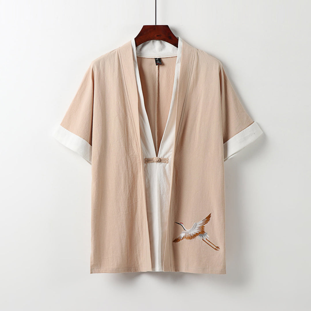 Buddha Stonesツーピース メンズ ハーフスリーブ 刺繍 漢服 快適 コットン 着物 - ピーチパフ - US/UK/AU54、 EU64 (9XL) - image 12