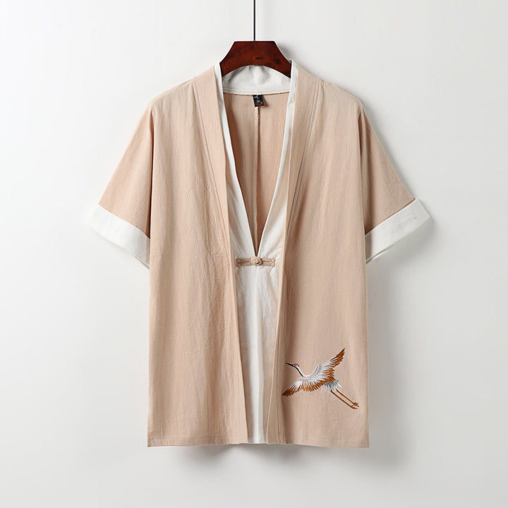 Buddha Stonesツーピース メンズ ハーフスリーブ 刺繍 漢服 快適 コットン 着物 - ピーチパフ - US/UK/AU54、 EU64 (9XL) - image 12