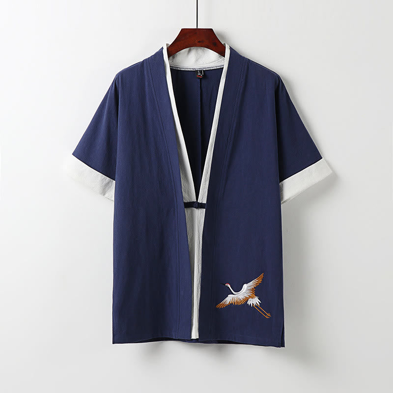 Buddha Stonesフェイクツーピースメンズ半袖カーディガン刺繍漢服快適コットンシャツ - ダークブルー - US/UK/AU54、 EU64 (9XL) - image 2