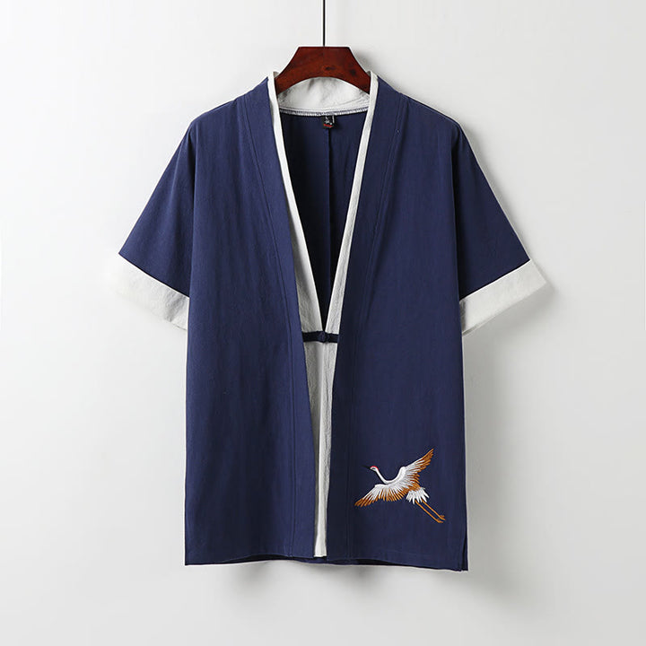 Buddha Stonesフェイクツーピースメンズ半袖カーディガン刺繍漢服快適コットンシャツ - ダークブルー - US/UK/AU54、 EU64 (9XL) - image 2