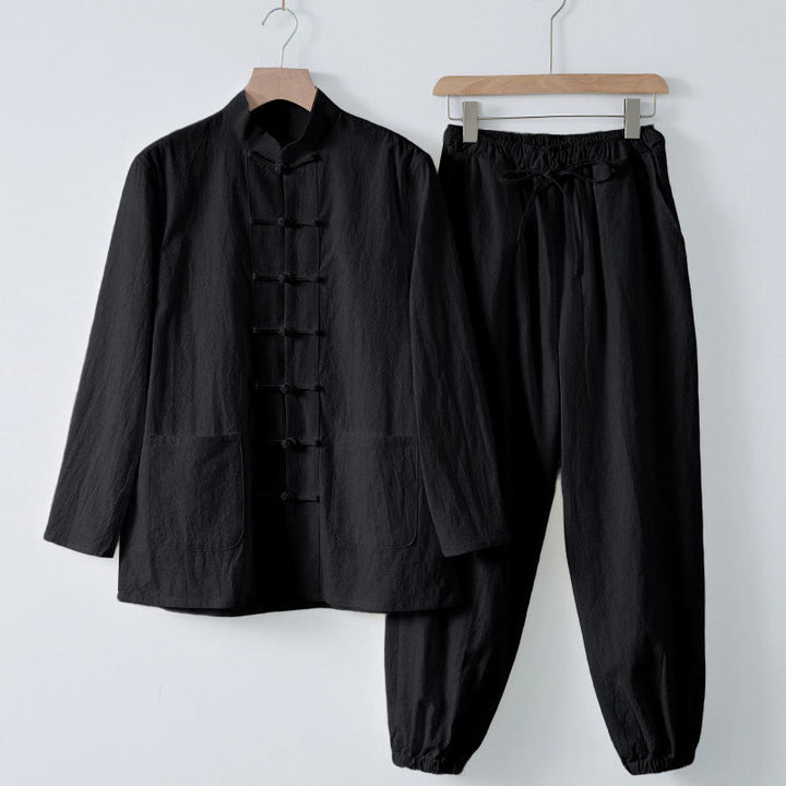 Buddha Stones瞑想カエルボタン唐草長袖シャツパンツメンズスーツ - 黒シャツ＆黒パンツ - US/UK/AU44、 EU54 (4XL) - image 17