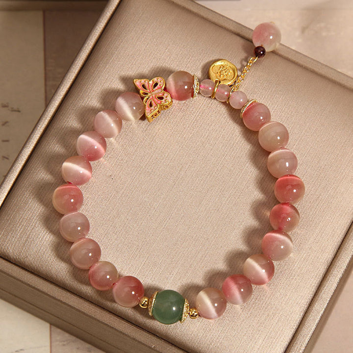 Buddha Stonesグラデーション ピンク キャッツアイ バタフライ ピース ブレスレット