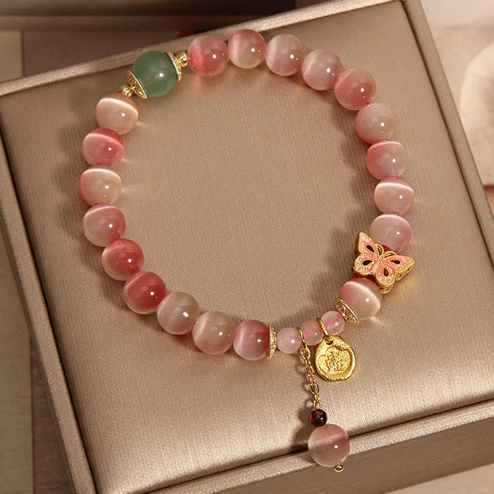 Buddha Stonesグラデーション ピンク キャッツアイ バタフライ ピース ブレスレット