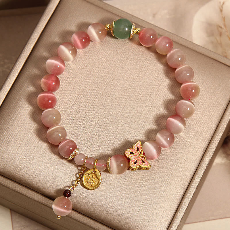 Buddha Stonesグラデーション ピンク キャッツアイ バタフライ ピース ブレスレット