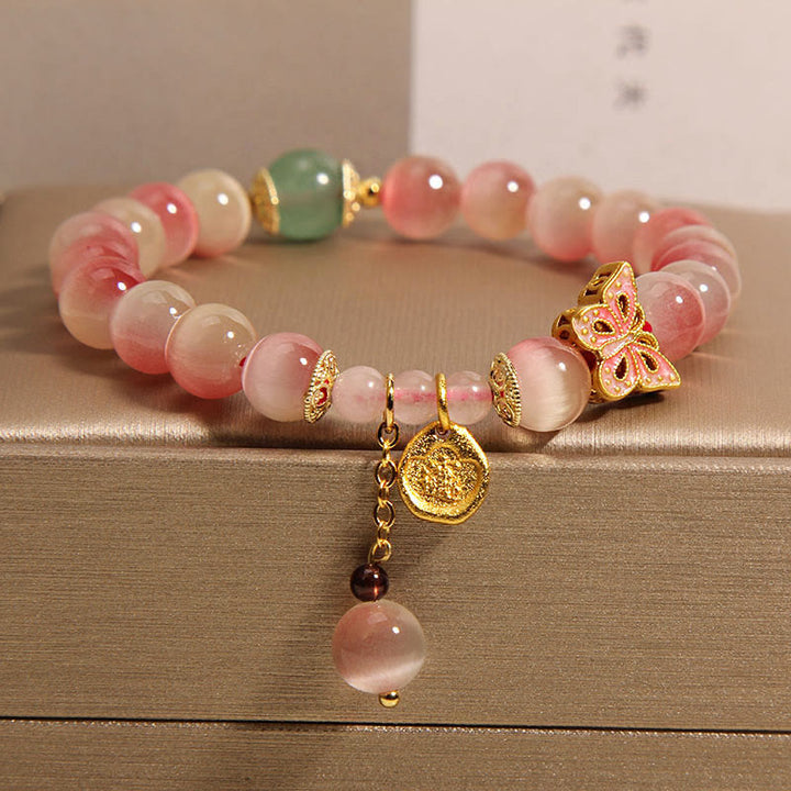 Buddha Stonesグラデーション ピンク キャッツアイ バタフライ ピース ブレスレット