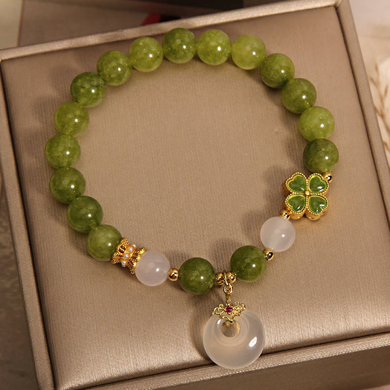 Buddha Stonesグリーントルマリン カルセドニー 四つ葉のクローバー ピースバックルチャーム ウィズダムブレスレット