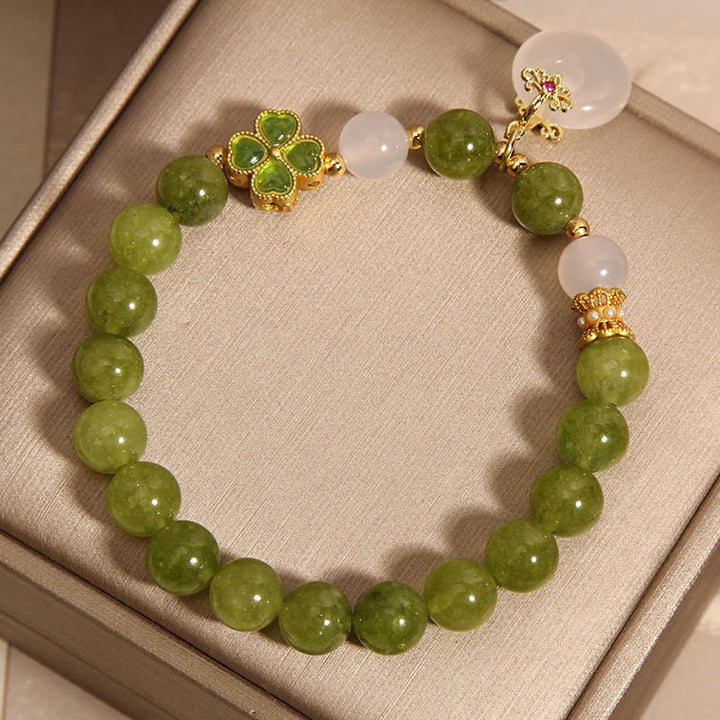 Buddha Stonesグリーントルマリン カルセドニー 四つ葉のクローバー ピースバックルチャーム ウィズダムブレスレット
