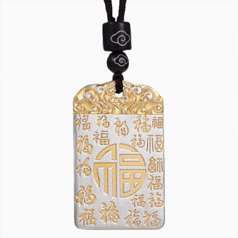 Buddha Stones銀メッキ 銅 福文字 縁起の良い雲 幸運 幸運 ロープ ネックレス ペンダント