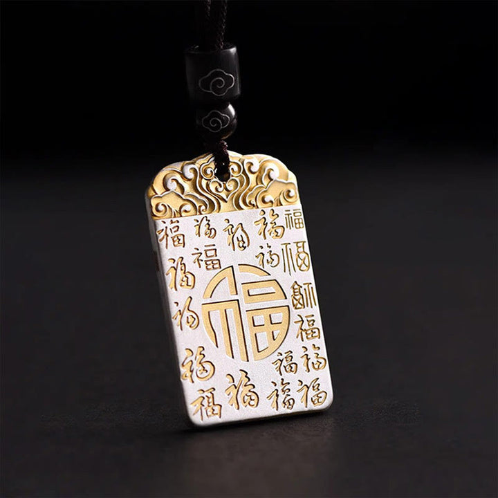 Buddha Stones銀メッキ 銅 福文字 縁起の良い雲 幸運 幸運 ロープ ネックレス ペンダント
