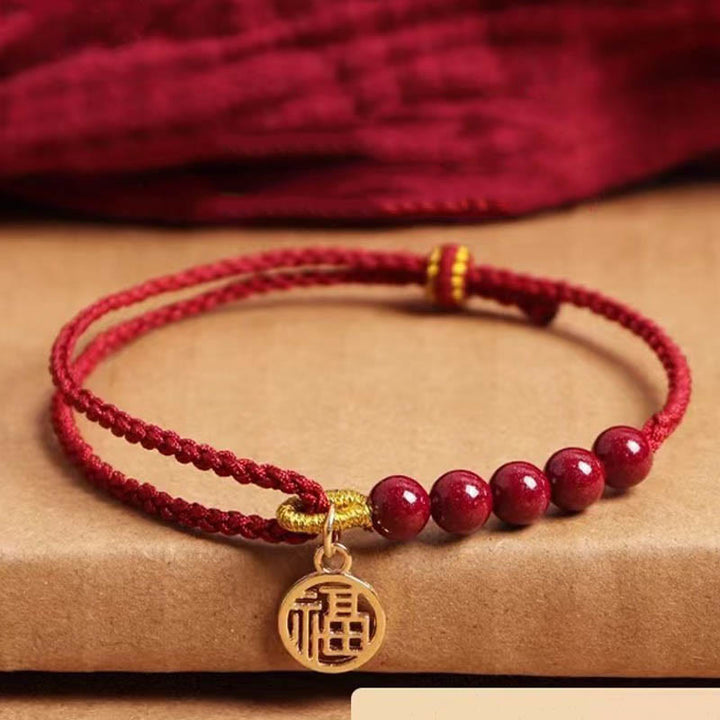 Buddha Stones辰砂 福文字ビーズ 祝福の赤い糸 手作り編みブレスレット