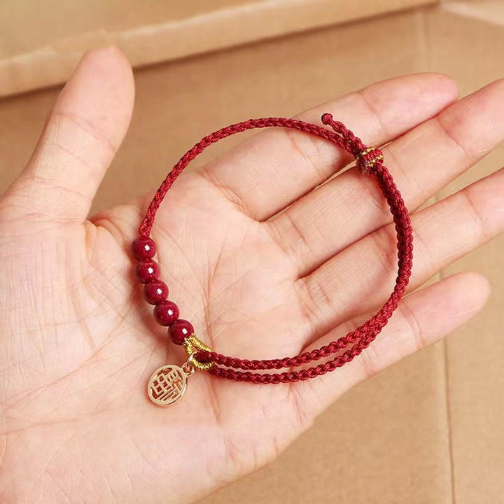 Buddha Stones辰砂 福文字ビーズ 祝福の赤い糸 手作り編みブレスレット