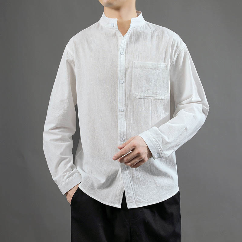 Buddha Stonesメンズ 長袖シャツ ポケット付き スタンドカラー コンフォートリネンシャツ - 白 - US/UK/AU46、 EU56 (5XL) - image 10