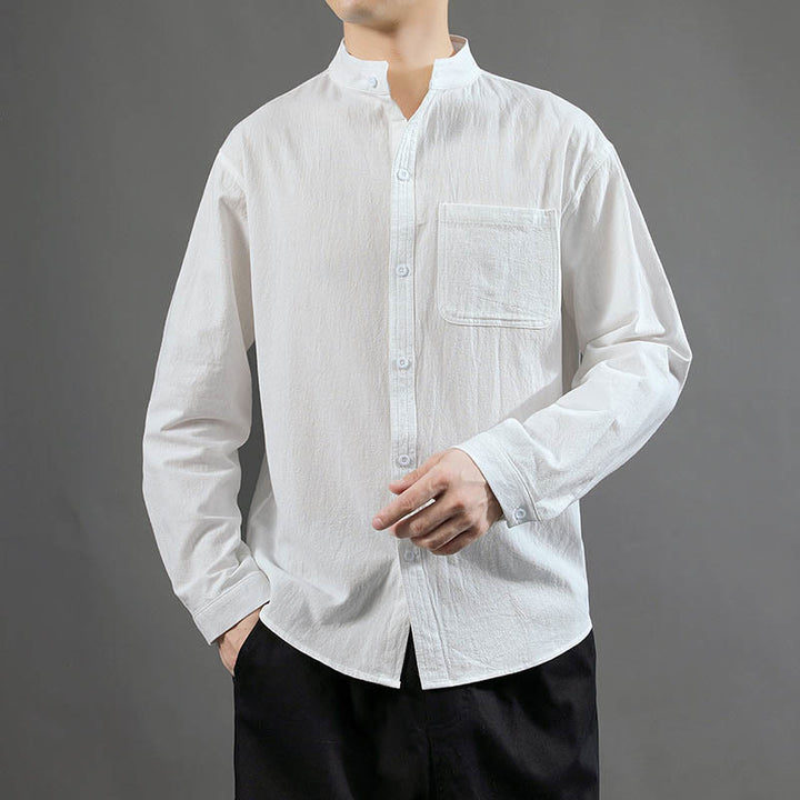 Buddha Stonesメンズ 長袖シャツ ポケット付き スタンドカラー コンフォートリネンシャツ - 白 - US/UK/AU46、 EU56 (5XL) - image 10