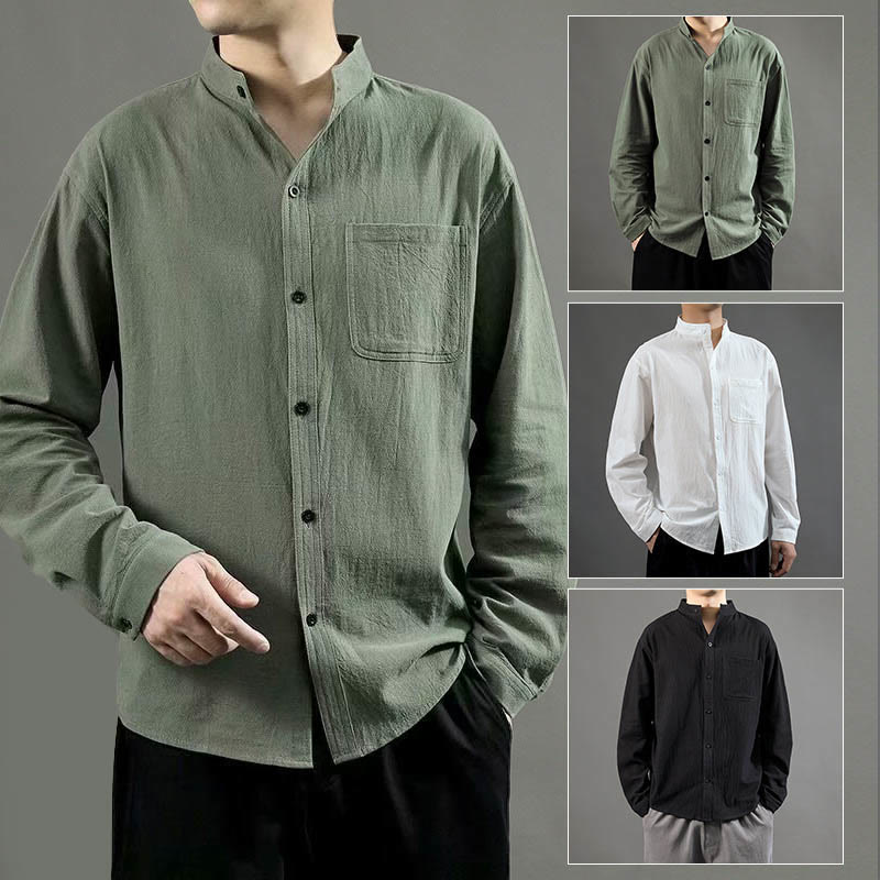 Buddha Stonesメンズ 長袖シャツ ポケット付き スタンドカラー コンフォートリネンシャツ - image 9
