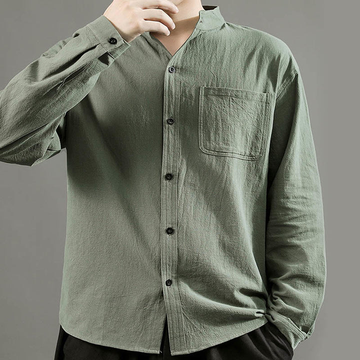 Buddha Stonesメンズ 長袖シャツ ポケット付き スタンドカラー コンフォートリネンシャツ - image 3