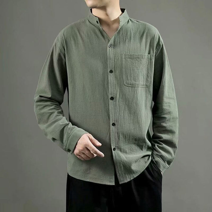 Buddha Stonesメンズ 長袖シャツ ポケット付き スタンドカラー コンフォートリネンシャツ - オリーブドラブ - US/UK/AU46、 EU56 (5XL) - image 1