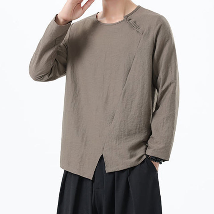 Buddha Stonesメンズ 長袖 ラウンドカラー コンフォート コットンリネン シャツ - image 4