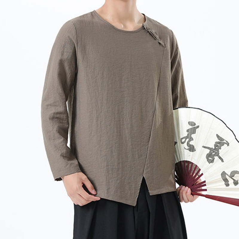 Buddha Stonesメンズ 長袖 ラウンドカラー コンフォート コットンリネン シャツ - image 1