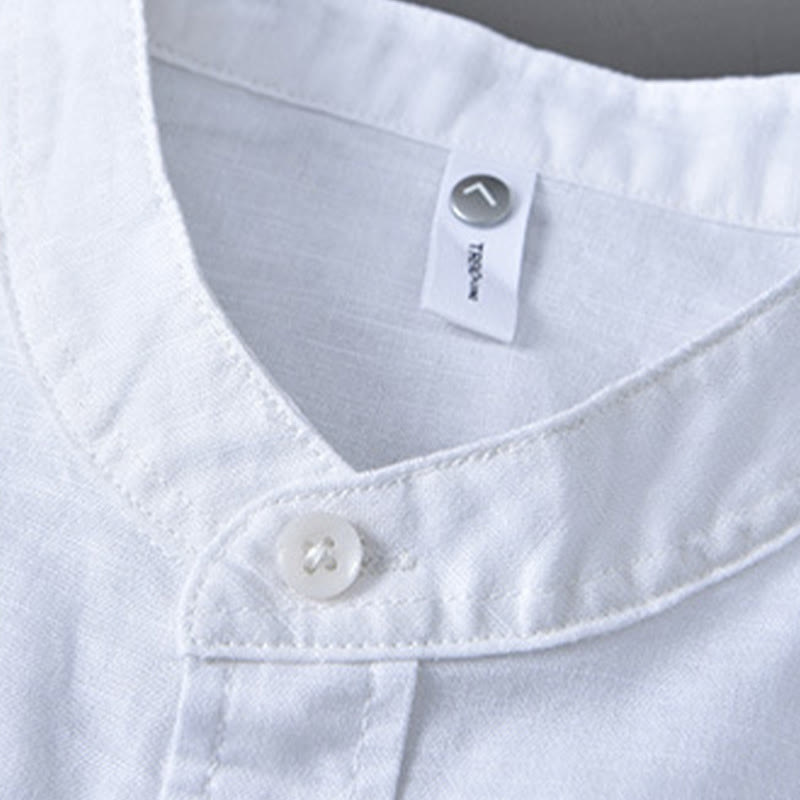 Buddha Stones メンズ 長袖 コットンリネン 無地 スタンドカラー ポケット付き カジュアルシャツ - image 6