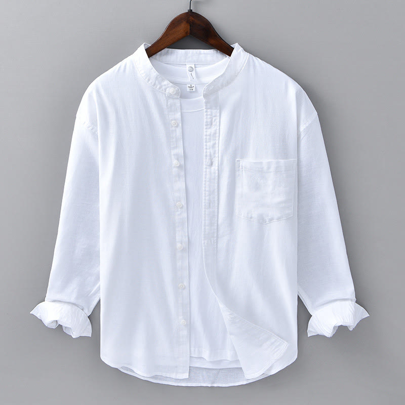 Buddha Stones メンズ 長袖 コットンリネン 無地 スタンドカラー ポケット付き カジュアルシャツ - 白 - US/UK/AU40、EU50（3XL） - image 6
