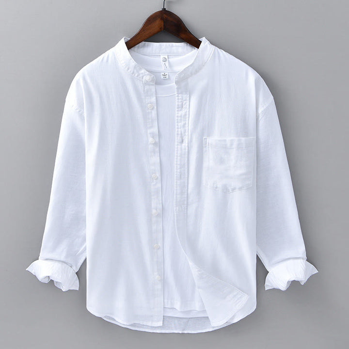 Buddha Stones メンズ 長袖 コットンリネン 無地 スタンドカラー ポケット付き カジュアルシャツ - 白 - US/UK/AU40、EU50（3XL） - image 6