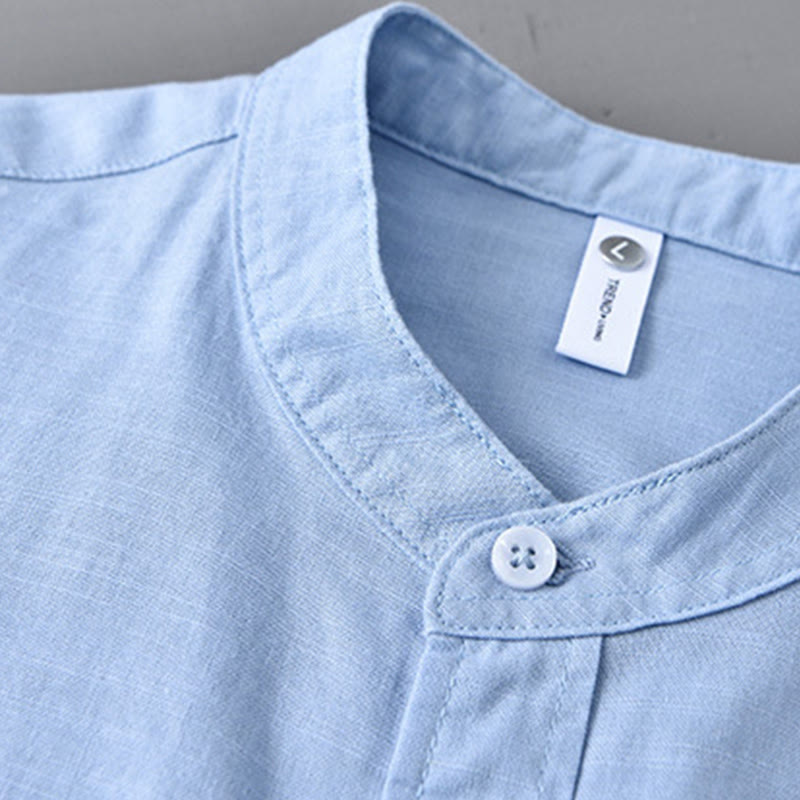 Buddha Stones メンズ 長袖 コットンリネン 無地 スタンドカラー ポケット付き カジュアルシャツ - image 12