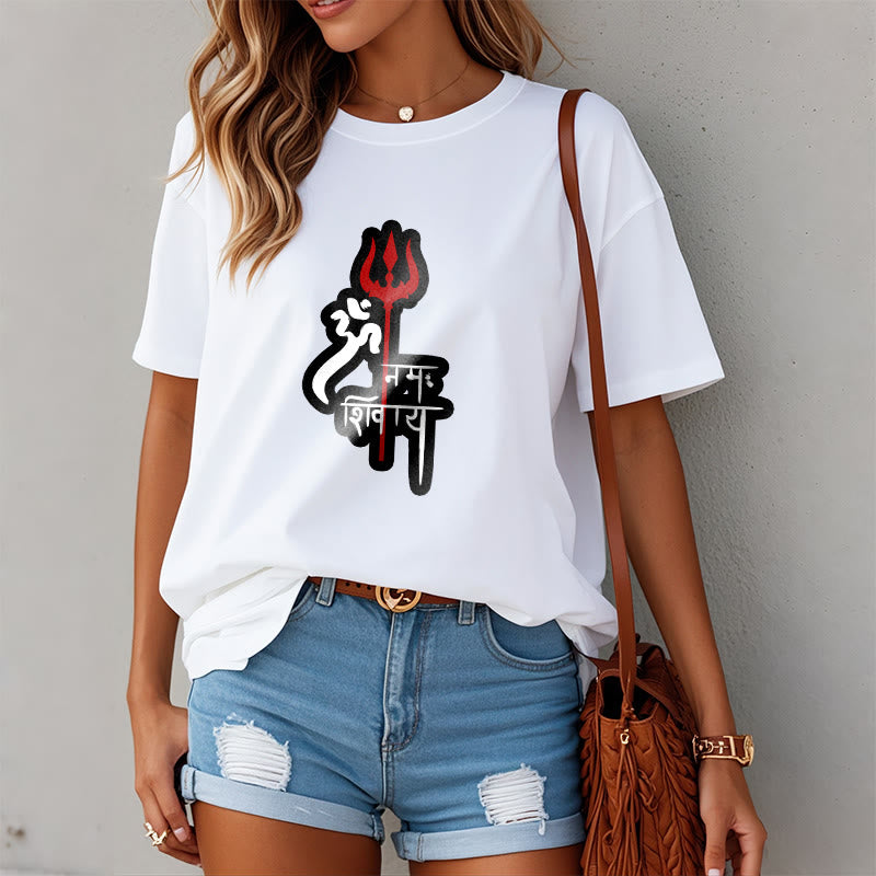 Buddha StonesOM NAMAH SHIVAYA 赤いトライデントプロフィール コットンTシャツ - image 15