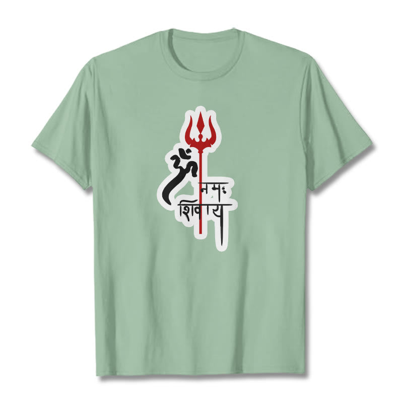 Buddha StonesOM NAMAH SHIVAYA 赤いトライデントプロフィール コットンTシャツ - ペールグリーン - 2XL - image 1