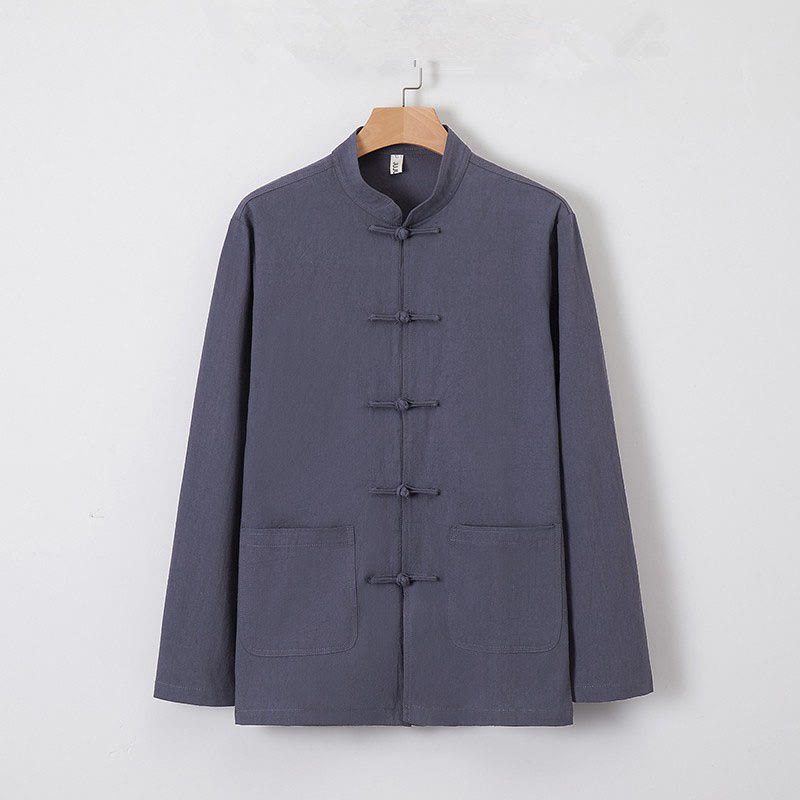 Buddha Stonesメンズ タン ロングスリーブ シャツ フロッグボタン ポケット付き スタンドカラー コンフォートリネンシャツ - スレートグレー - US/UK/AU46、 EU56 (5XL) - image 6