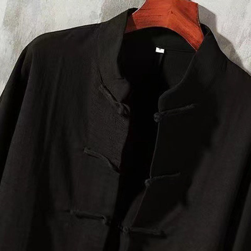 Buddha Stonesメンズ タン ロングスリーブ シャツ フロッグボタン ポケット付き スタンドカラー コンフォートリネンシャツ - image 8
