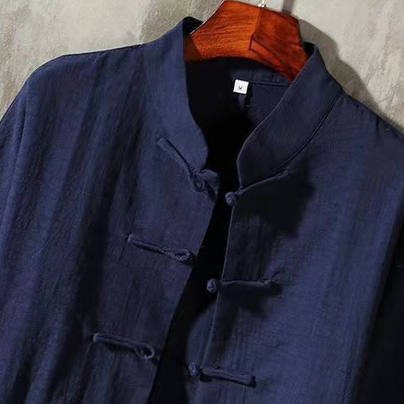 Buddha Stonesメンズ タン ロングスリーブ シャツ フロッグボタン ポケット付き スタンドカラー コンフォートリネンシャツ - image 10