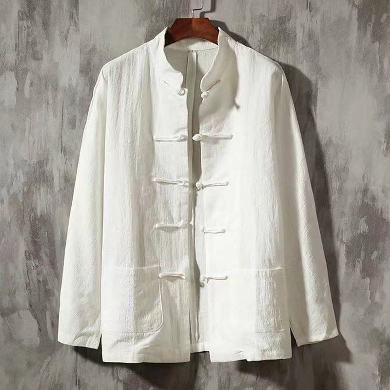 Buddha Stonesメンズ タン ロングスリーブ シャツ フロッグボタン ポケット付き スタンドカラー コンフォートリネンシャツ - 白 - US/UK/AU46、 EU56 (5XL) - image 0