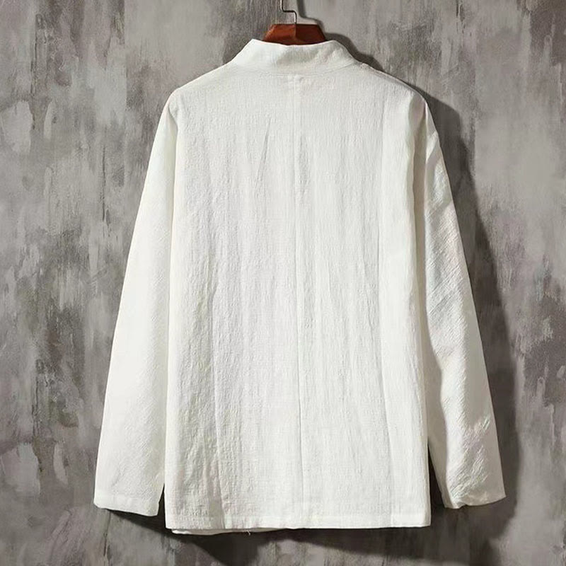 Buddha Stonesメンズ タン ロングスリーブ シャツ フロッグボタン ポケット付き スタンドカラー コンフォートリネンシャツ - image 2