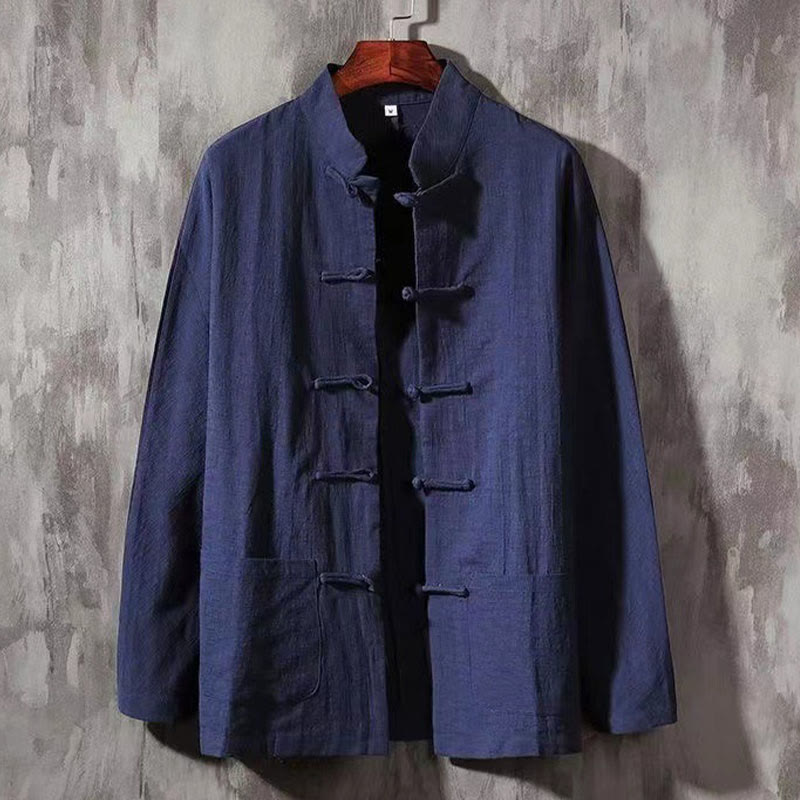 Buddha Stonesメンズ タン ロングスリーブ シャツ フロッグボタン ポケット付き スタンドカラー コンフォートリネンシャツ - ミッドナイトブルー - US/UK/AU46、 EU56 (5XL) - image 9