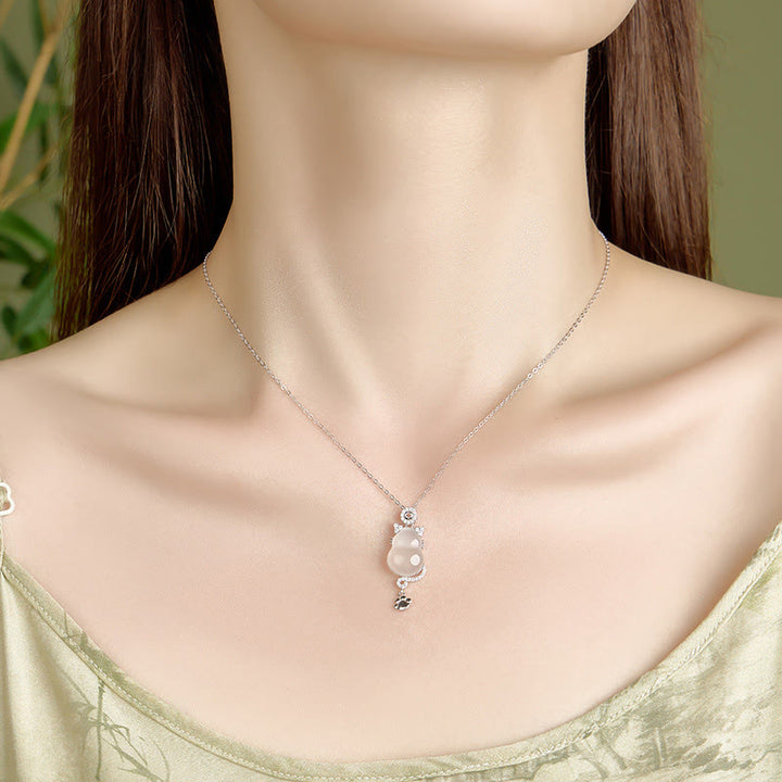 Buddha Stones 925スターリングシルバーメッキ 14Kゴールド ホワイトジェイド ひょうたん 猫 守護 ネックレス ペンダント - image 3