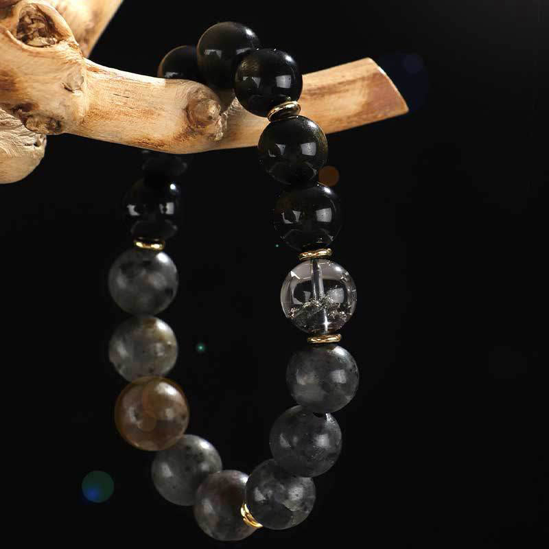Buddha Stones925スターリングシルバー ブラックオニキス ゴールドシーン オブシディアン 溶岩タイガーアイ 六芒星 富の守護ブレスレット