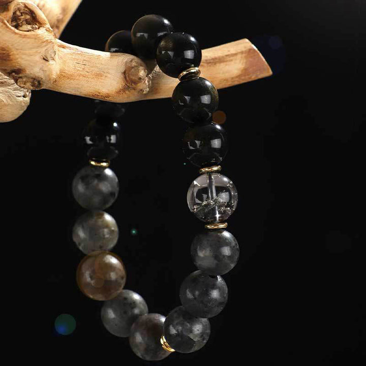 Buddha Stones925スターリングシルバー ブラックオニキス ゴールドシーン オブシディアン 溶岩タイガーアイ 六芒星 富の守護ブレスレット