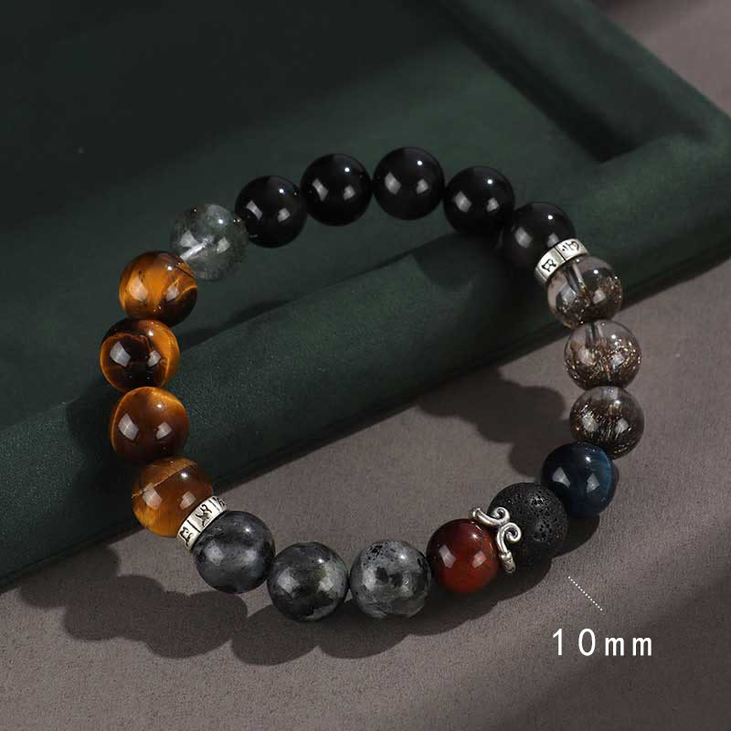 Buddha Stones925スターリングシルバー ブラックオニキス ゴールドシーン オブシディアン 溶岩タイガーアイ 六芒星 富の守護ブレスレット