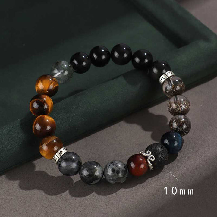 Buddha Stones925スターリングシルバー ブラックオニキス ゴールドシーン オブシディアン 溶岩タイガーアイ 六芒星 富の守護ブレスレット