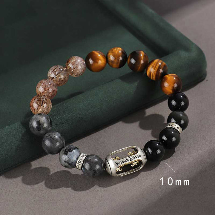 Buddha Stones925スターリングシルバー ブラックオニキス ゴールドシーン オブシディアン 溶岩タイガーアイ 六芒星 富の守護ブレスレット