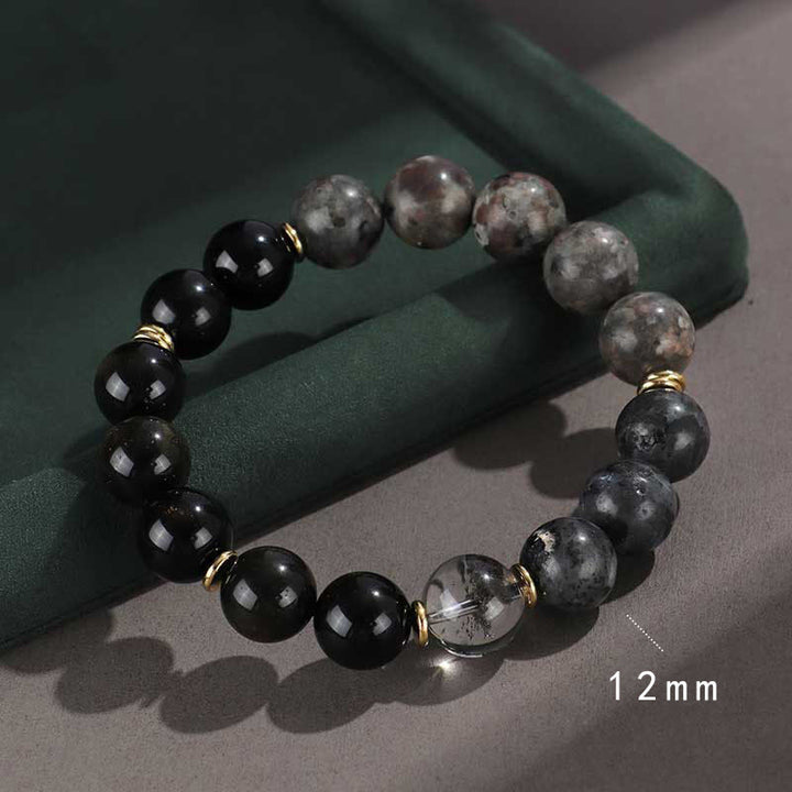 Buddha Stones925スターリングシルバー ブラックオニキス ゴールドシーン オブシディアン 溶岩タイガーアイ 六芒星 富の守護ブレスレット