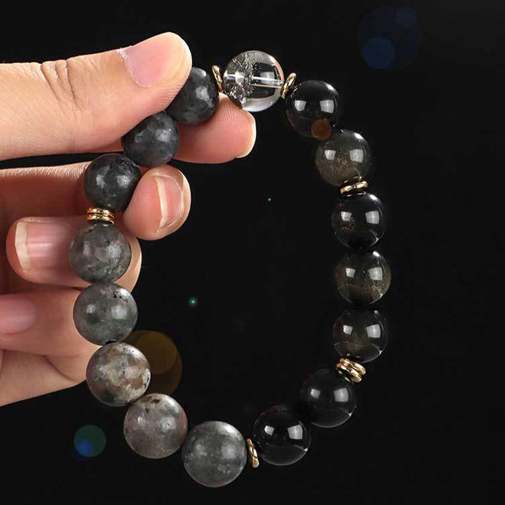 Buddha Stones925スターリングシルバー ブラックオニキス ゴールドシーン オブシディアン 溶岩タイガーアイ 六芒星 富の守護ブレスレット