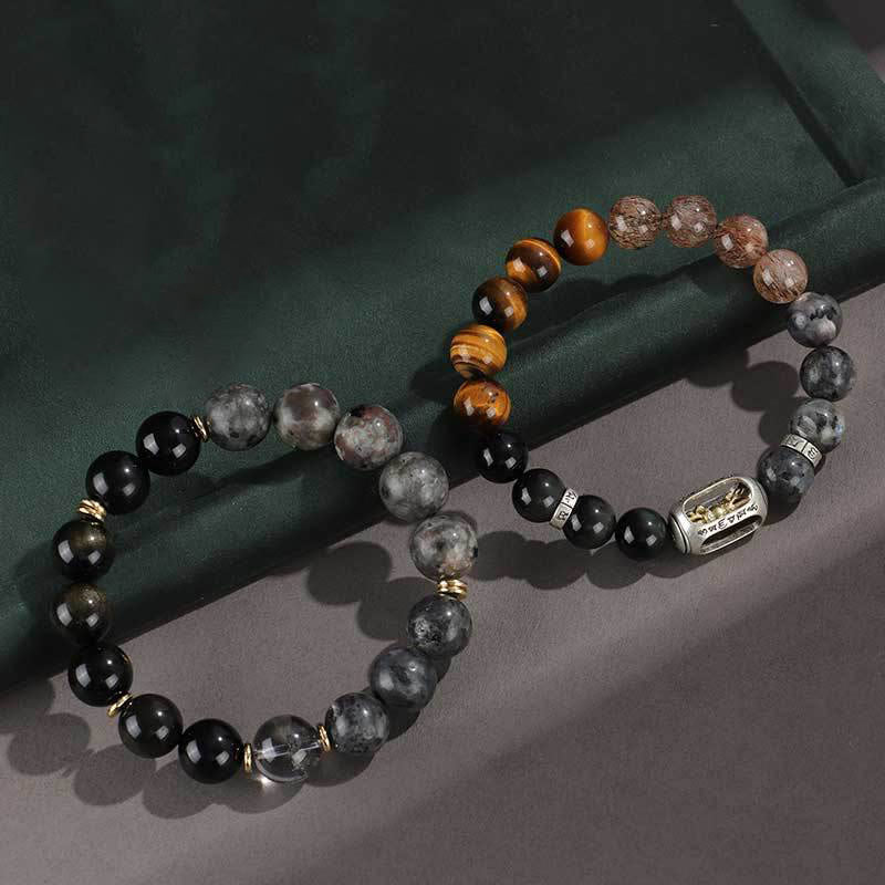 Buddha Stones925スターリングシルバー ブラックオニキス ゴールドシーン オブシディアン 溶岩タイガーアイ 六芒星 富の守護ブレスレット