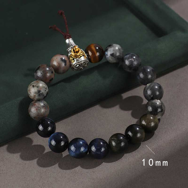 Buddha Stones925スターリングシルバー ブラックオニキス ゴールドシーン オブシディアン 溶岩タイガーアイ 六芒星 富の守護ブレスレット