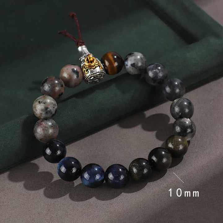 Buddha Stones925スターリングシルバー ブラックオニキス ゴールドシーン オブシディアン 溶岩タイガーアイ 六芒星 富の守護ブレスレット