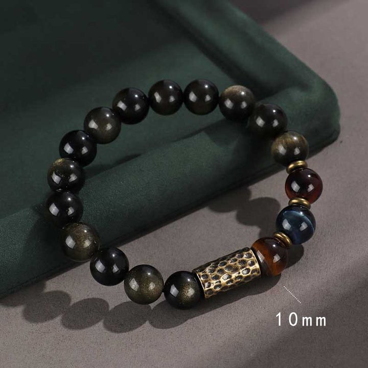 Buddha Stones925スターリングシルバー ブラックオニキス ゴールドシーン オブシディアン 溶岩タイガーアイ 六芒星 富の守護ブレスレット