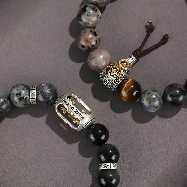 Buddha Stones925スターリングシルバー ブラックオニキス ゴールドシーン オブシディアン 溶岩タイガーアイ 六芒星 富の守護ブレスレット